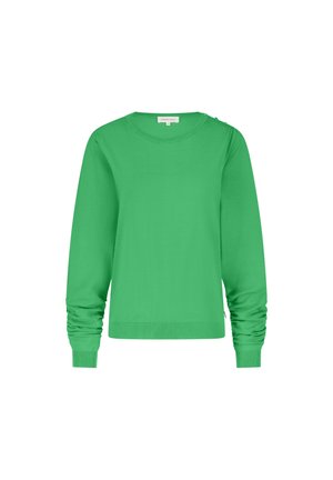Groen pullover trui met lange mouwen. Heeft een ronde halslijn en geplooid detail bij de manchetten. Glad, effen stoftextuur.