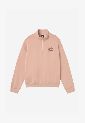 Lyserød langærmet pullover med kvart lynlås ved kraven og lille "Lost Motel" tekst samt pink cirkellogo på venstre bryst.