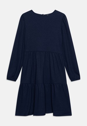 Granatowa sukienka z długim rękawem, z marszczoną spódnicą wielowarstwową i okrągłym dekoltem, zebrana przy szwach dla luźnego, swobodnego kroju.