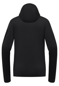 Felpa nera con maniche lunghe, colletto alto e una texture morbida e liscia. Presenta un design minimalista e senza loghi o motivi visibili.