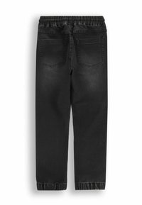 Czarne dżinsowe spodnie jogger z elastycznym pasem, dwoma tylnymi kieszeniami, zwężanymi nogawkami i stębnowanymi detalami.