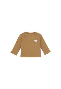 Langärmliges, geripptes braunes Shirt für Kleinkinder mit zwei Schulterknöpfen und einem kleinen weißen Hundegesicht, das auf der Brust gestickt ist.