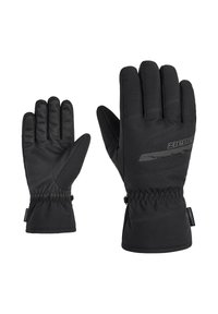 Black gloves with a textile exterior, textured palm for grip, elastic cuff for snug fit, and logo detail on the wrist area.