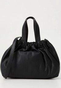 Black leather handbag with gathered detailing, dual top handles, a removable shoulder strap, and a soft, textured finish.