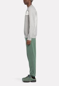 Sweatshirt gris avec accents blancs, pantalon de sport vert et chaussures gris-vert. Design simple, texture douce et silhouette ajustée.