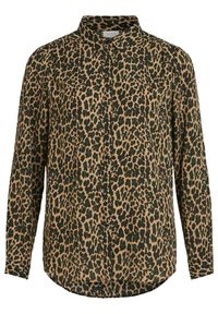 Hnědá košile s leopardím potiskem, s dlouhými rukávy, límečkem a zakřiveným lemem. Disponuje hladkým, lehkým materiálem.
