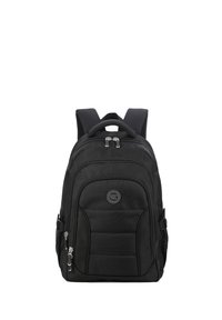 Zwarte rugzak met een gepolsterde rug, dubbele ritsen, zijvakken en een ronde logo-label. Gemaakt van duurzaam synthetisch materiaal.