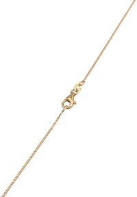 Collana color oro con una fine catena, dotata di un gancio a moschettone e anelli lisci. La catena presenta una finitura lucida e brillante.