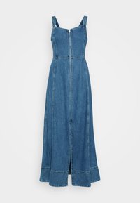 Denim-maksimekko, jossa on etuvetoketju, säädettävät olkaimet ja liehuva helma. Ominaisuuksiin kuuluvat näkyvät saumat ja keskipitkä sininen pesu.