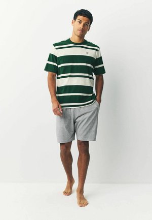 Green and cream striped t-shirt with short sleeves paired with light grey shorts. Fabric appears cotton, relaxed fit, with a simple design.