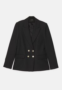 Blazer nero doppiopetto con bottoni argentati, rever a lancia, due tasche frontali e fodera interna liscia. Vestibilità su misura.