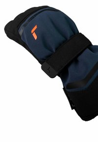 Waterdichte handschoen met een blauw en zwart kleurenschema, voorzien van een verstelbare riem en een oranje logo. Zacht, gestructureerd materiaal en robuust ontwerp.