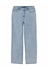 Ljusblå denimjeans med vid ben design, klassisk femfickdesign, knappstängning och subtila blekningar i hela tyget.