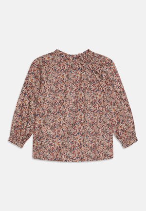 Bluzka z długim rękawem z różowym, czerwonym, niebieskim i żółtym kwiatowym wzorem, okrągłym marszczonym dekoltem i elastycznymi mankietami.