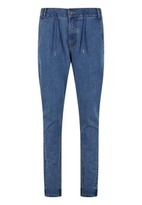 Denim jogger pants in medium blue, featuring an elastic waistband with drawstrings, a slim fit, and subtle stitching details.