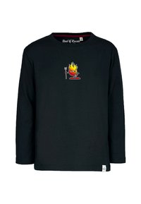 Pitkähiha musta puuvillapaita, jossa on rinnassa sarjakuvamainen liekkigrafiikka punaisena, oranssina ja keltaisena, ja mukana haarukkakoriste.