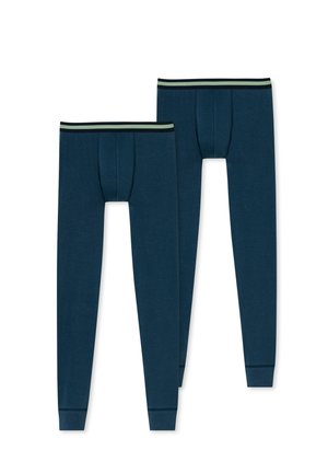 Two pairs of dark blue leggings, made of soft fabric, featuring a contrasting striped waistband and a smooth, fitted design.