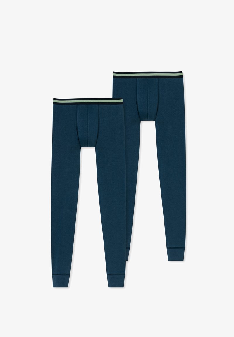Twee paar donkerblauwe leggings, gemaakt van zachte stof, met een contrasterende gestreepte tailleband en een gladde, aansluitende pasvorm.