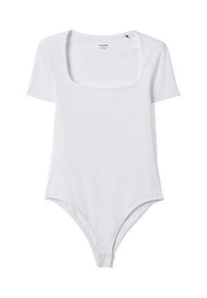 White short-sleeve bodysuit with square neckline and snap closure at the crotch, displayed flat on a white background.