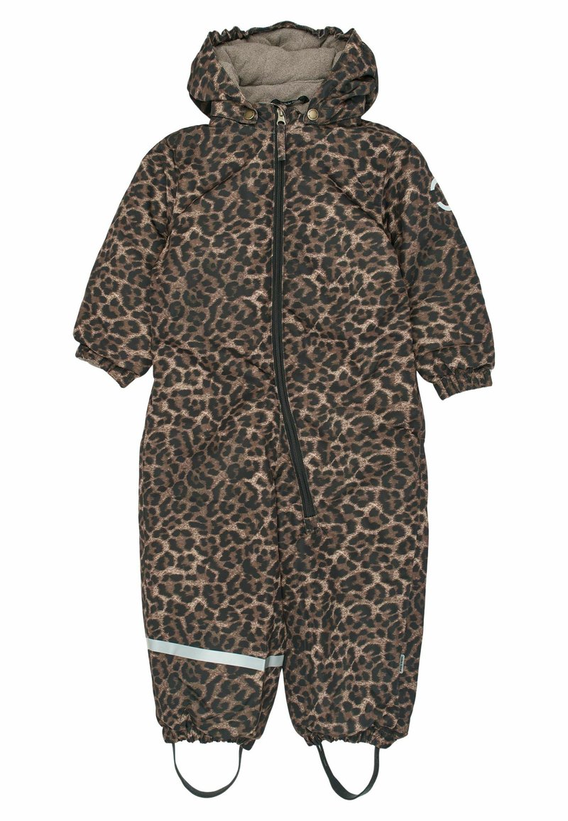 Leopardenmuster-Schneeanzug aus isolierendem Material, mit durchgehendem Reißverschluss, elastischen Bündchen und reflektierenden Streifen an den Knöcheln.