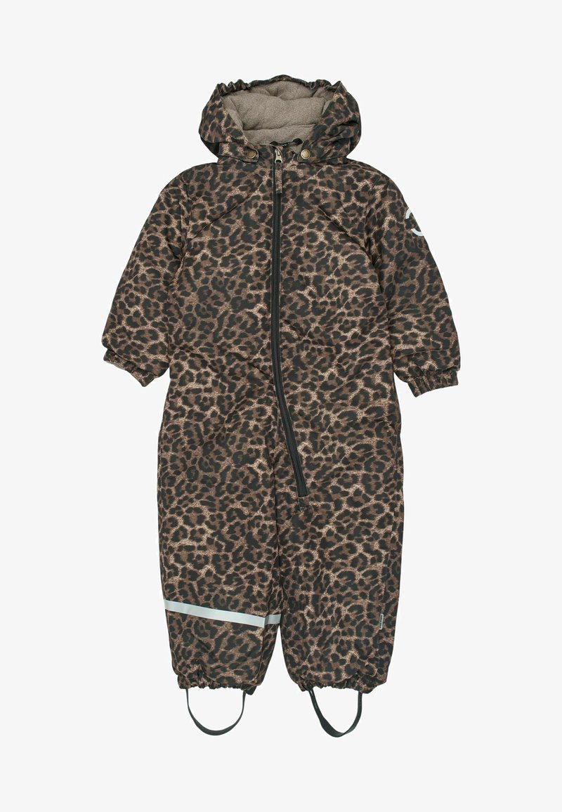 Leopardimustriga talvekombinesoon, mis on valmistatud soojustatud kangast, sellel on lukuga esiosa, elastsed mansetid ja peegeldavad triibud pahkluude juures.