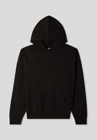 Felpa nera con cappuccio realizzata in tessuto morbido, dotata di cappuccio regolabile, tasca a marsupio e polsini a costine. Design semplice senza loghi visibili.