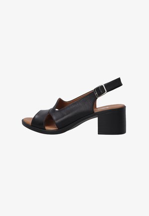 Black leather slingback sandal with open toe and two wide front straps. Features a block heel and adjustable buckle strap. Smooth texture.