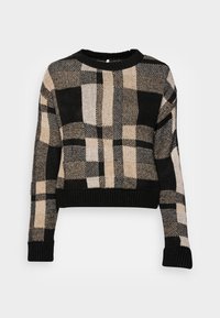 Czarny i beżowy krótki sweter w kratę, z okrągłym dekoltem i ściągaczami przy rękawach, które dodają tekstury i zapewniają dobre dopasowanie.