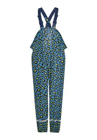 Salopette blu impermeabile con un motivo leopardato nero e verde neon. Presenta spalline regolabili e polsini elasticizzati alle caviglie.