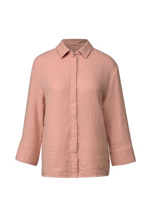 Lyserød skjorte med knaplukning lavet af tekstureret stof, med krave og trekvartærmer. Har en afslappet pasform og subtilt mønster.