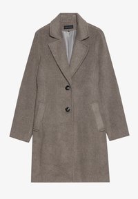 Manteau en mélange de laine marron avec des revers en pointe, deux poches avant et trois boutons noirs. Doublure intérieure en gris lisse. Design à longueur de genoux.