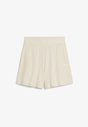 Beige ribbed athletic shorts with a wide waistband and small white logo on the front left side, featuring a loose-fitting design.