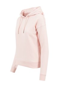 Sweat à capuche rose clair à manches longues, capuche avec cordon de serrage, poignets et ourlet côtelés, présenté incliné vers la gauche sur fond blanc.