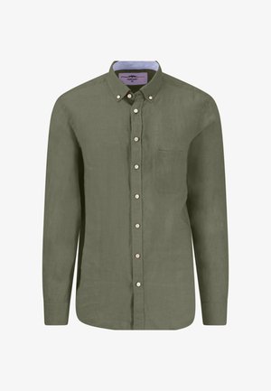 Olívazöld, hosszú ujjú ing texturált vászonból, gombos gallérral, egyetlen mellzsebbel és világoskék belső gallérbéléssel.
