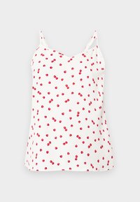 Camisole blanche avec imprimé cerise rouge, dotée de fines bretelles réglables et d'un décolleté en V. Texture lisse, coupe décontractée.