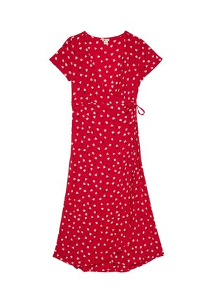 Czerwona sukienka kopertowa z krótkim rękawem, z białym i czarnym abstrakcyjnym kwiatowym wzorem oraz wiązaniem po boku, do kolan, subtelnie rozkloszowana.