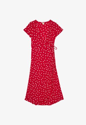 Rode wikkeljurk met korte mouwen, wit-zwart abstract bloemenmotief en een zijstrikdetail, knie lang met een subtiele uitlopende zoom.