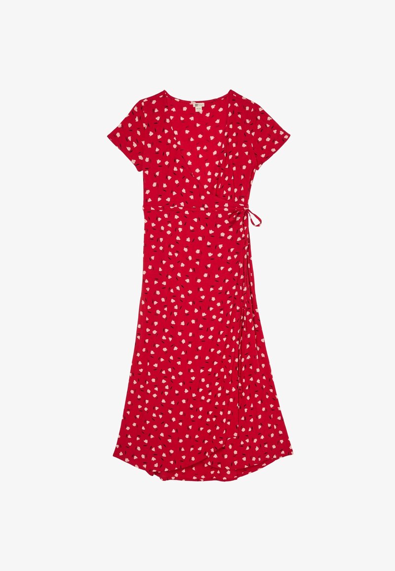 Red short-sleeve wrap dress with white and black abstract floral pattern and side tie detail, knee-length with a subtle flare.