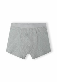 Szare bawełniane bokserki z miękkim pasem z wytłoczonym logo, o regularnym kroju i gładkiej teksturze. Widok z tyłu, bez wzorów ani nadruków.