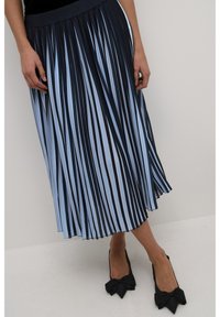 Gonna midi plissettata in navy e azzurro chiaro con una cintura larga. Tessuto liscio con strisce verticali, abbinata a ballerine nere a punta.