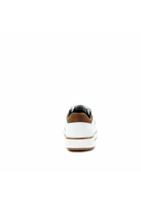 White and brown athletic shoe viewed from the back on a white background, showing heel and sole details.