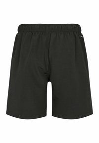 Schwarze Badeshorts mit elastischem Bund, glatter Textur, ohne sichtbare Taschen und einfacher Naht. Kurze Beinlänge.
