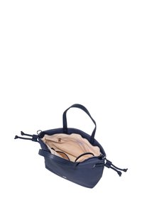 Navyblaues Handtasche mit zwei Griffen, beigem Innenfutter, Reißverschlusstasche innen und Seitendetails mit Kordelzug.