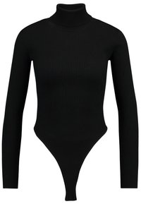 Body en col roulé noir côtelé à manches longues et bas en thong, avec un design ajusté et une texture de tissu lisse.