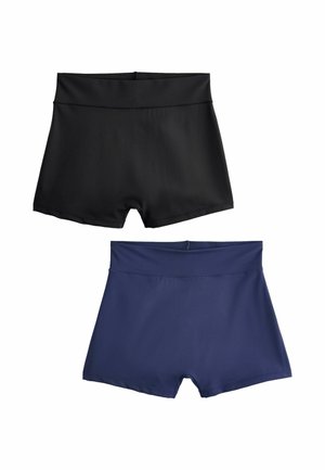 Dva páry dámskych elastických šortiek s vysokým pásom, jeden čierny a jeden námornícky modrý, uložené na bielom pozadí.
