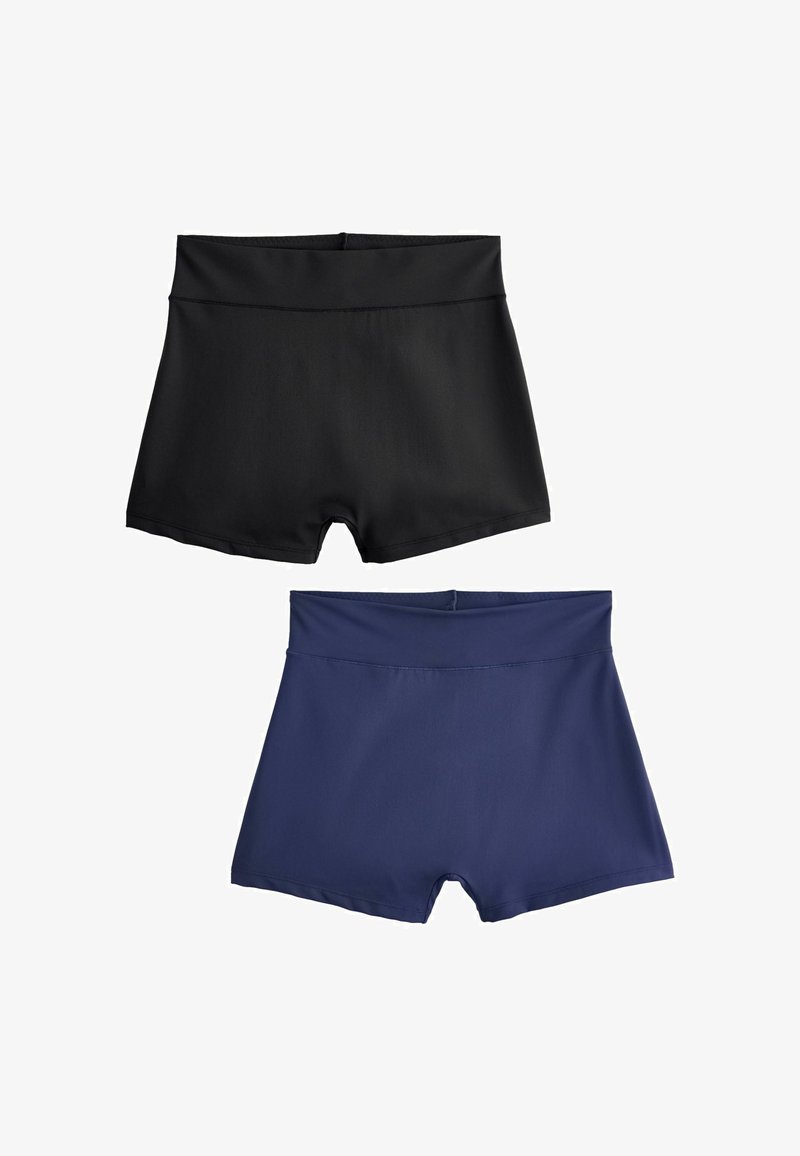 Deux pantalons courts pour femmes, taille haute et extensibles, l'un noir et l'autre bleu marine, présentés à plat sur un fond blanc.