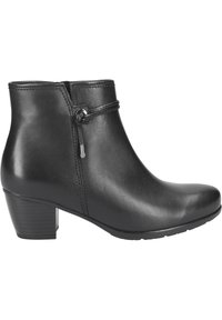 Schwarze Leder-Stiefelette mit runder Zehenform, dekorativer seitlicher Schnürung und mittelhohem Blockabsatz. Glatte Struktur mit minimalen Akzenten.