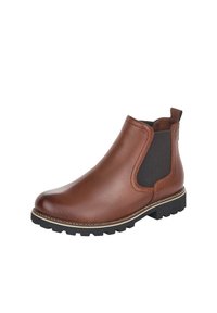 Botín de cuero marrón hasta el tobillo con paneles laterales elásticos, suela de goma texturizada y costuras en contraste a lo largo del borde.