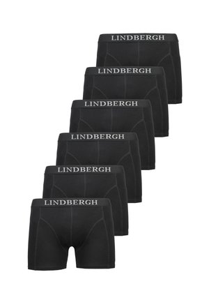 Sechs schwarze Boxershorts mit sichtbarer Naht, jeweils mit einem grauen "LINDBERGH"-Logo am Bund, gestapelt in versetzter Reihenfolge.