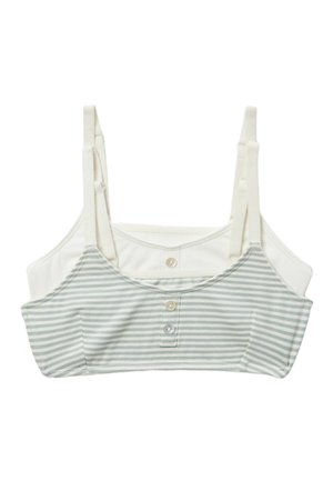 Deux brassières en coton pour filles avec bretelles réglables, l'une blanche et l'autre blanche à rayures grises avec trois boutons sur le devant.